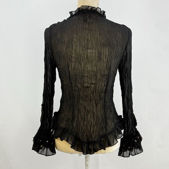 Lucy Collection Black Sheer Ruffle Beaded Tie Front Blouse Top S/M Boho Party - Picture 2 of 16